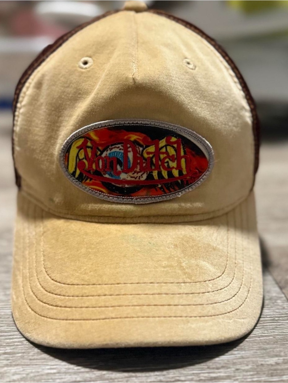 Von Dutch Y2K Tan and Brown Logo Trucker Cap